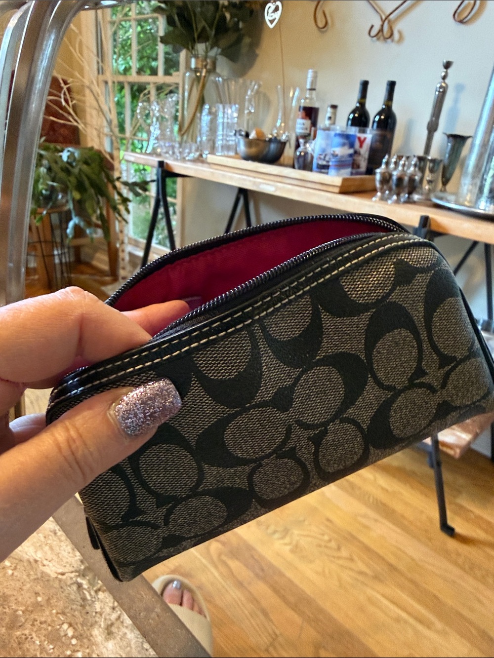 Coach Signature Mini Pouch in Black and Tan with Pink Lining